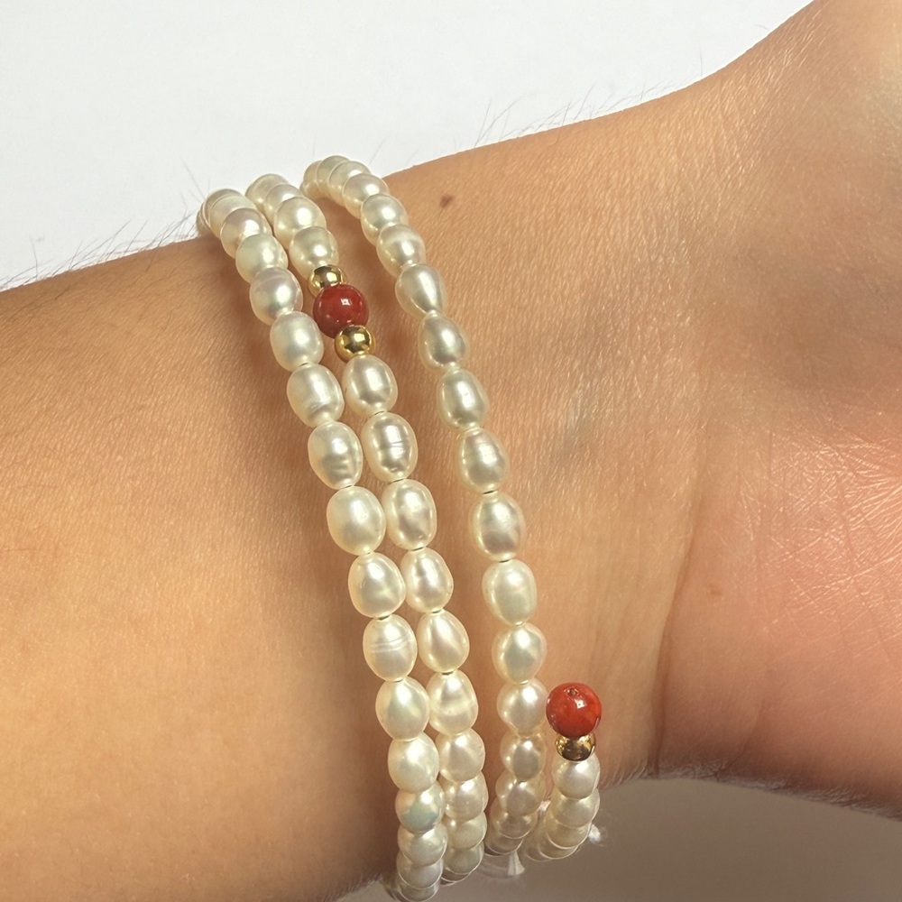 NWT DIL Pearl Wrap Bracelet 14k Yellow Gold and Carnelian Beads
